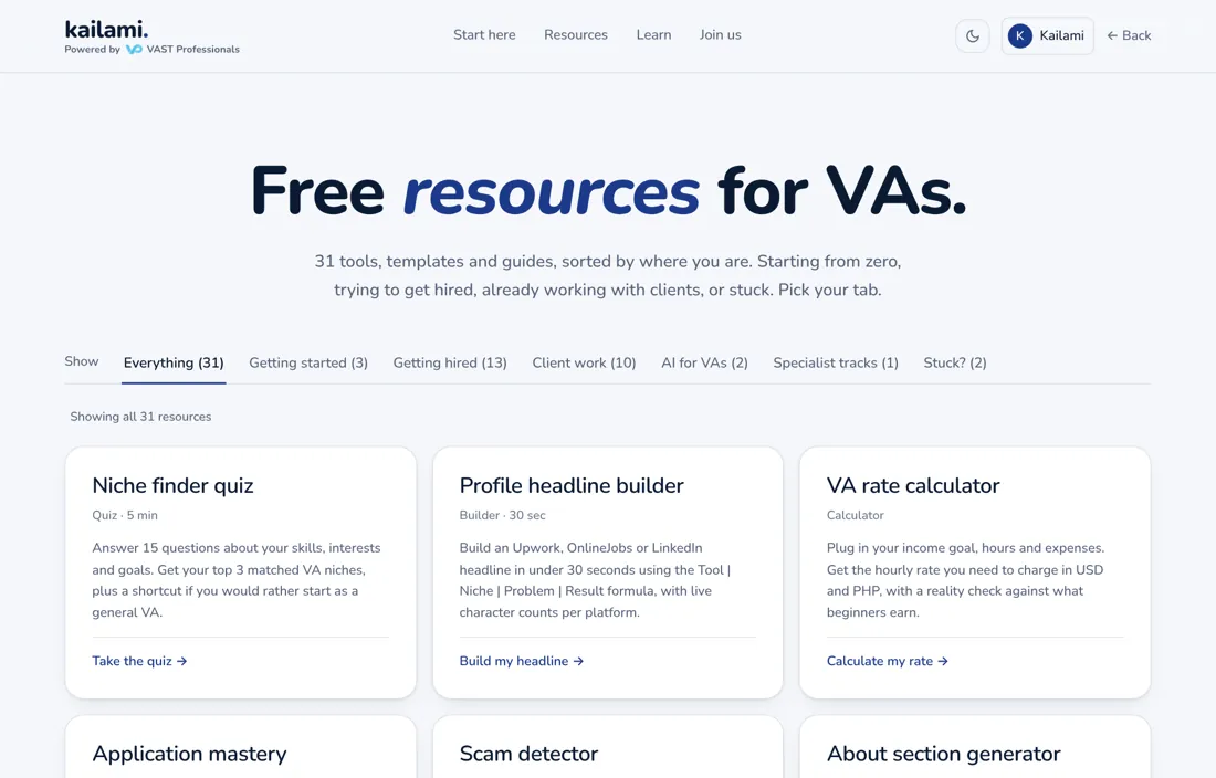 The Kailami resources page with all 31 tools