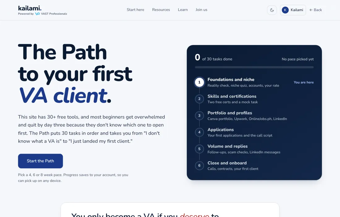 The Path, 30 tasks to your first VA client